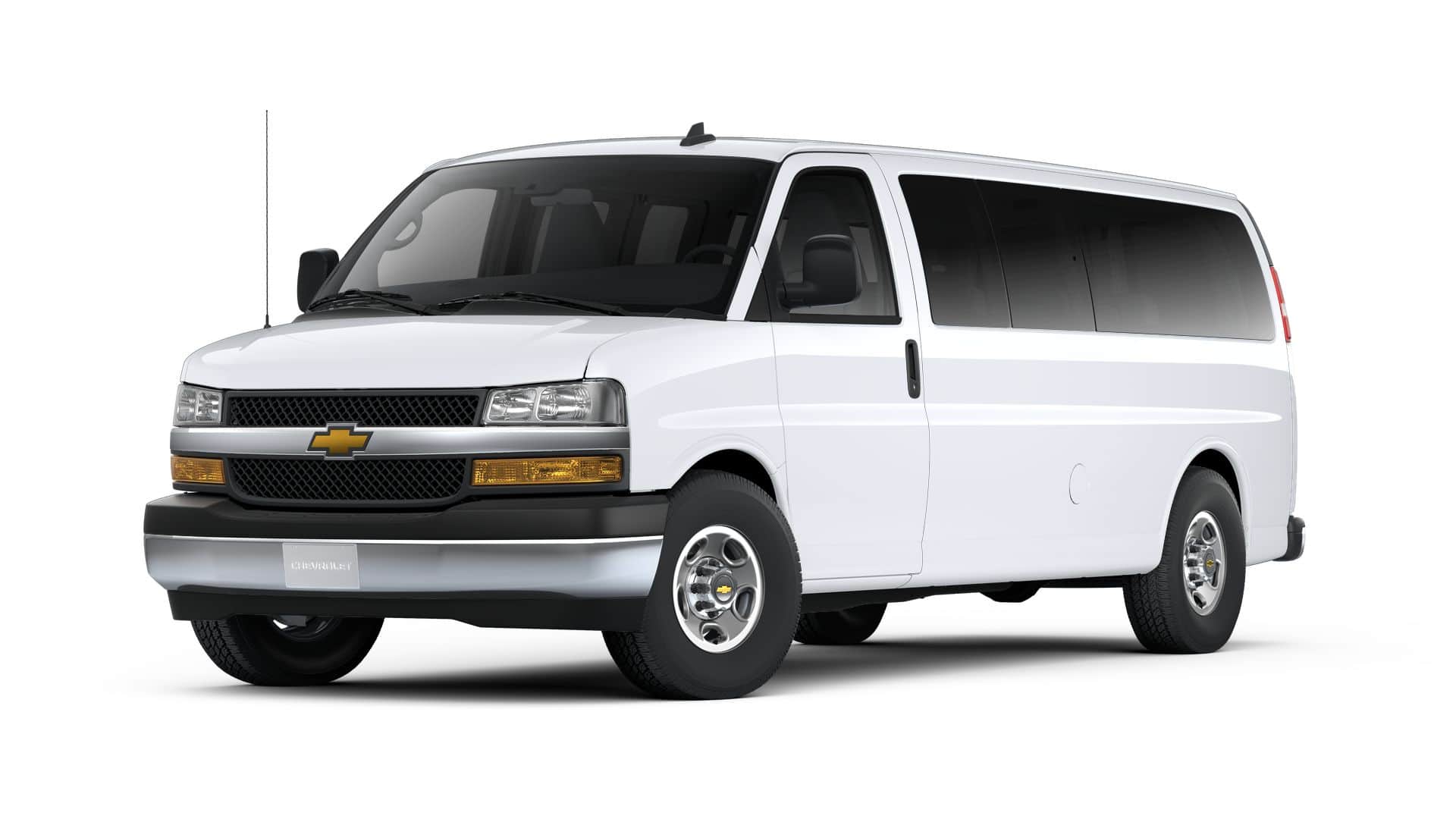 2025 Chevrolet Express Passenger 1LT in Summit White — front three-quarter view